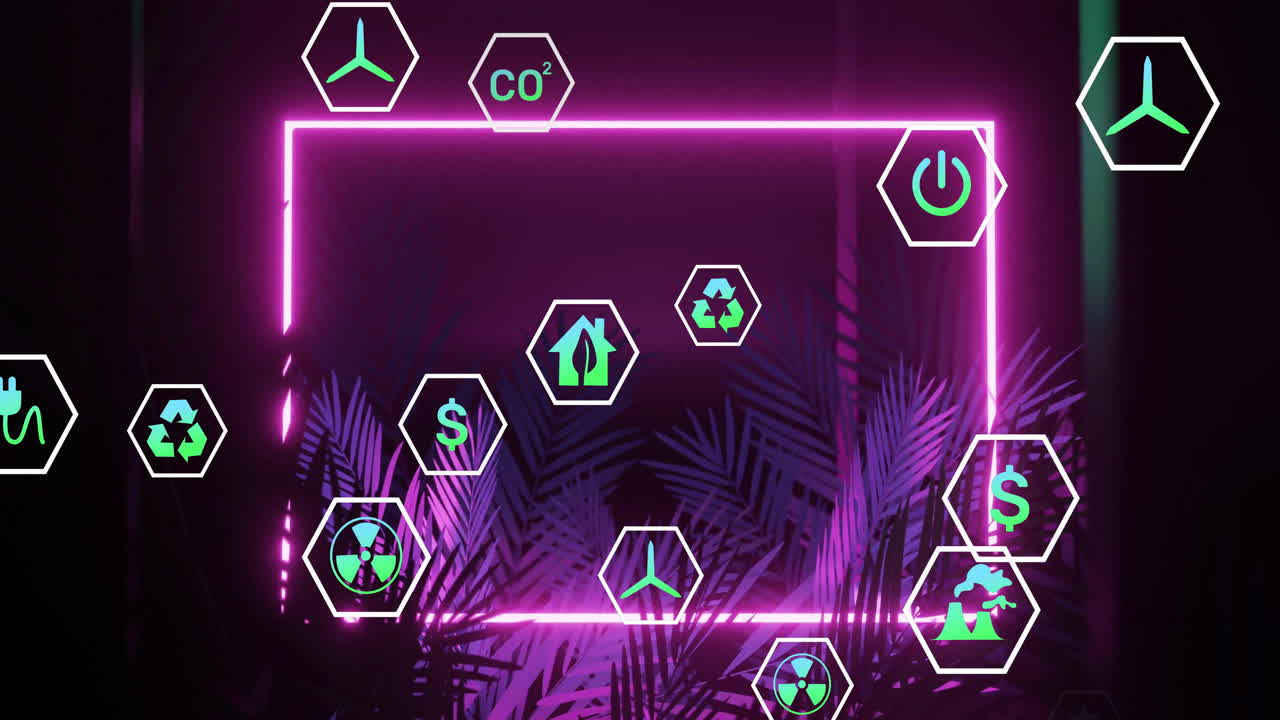 네온 프레임과 열대 식물 위의 환경 아이콘 애니메이션