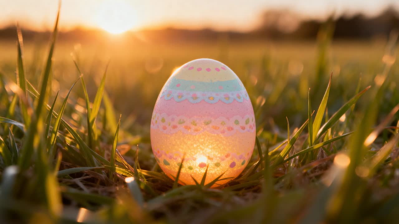Uovo decorato a pastello luminoso che emette luce calda in un campo erboso, mentre il sole tramonta con un bagliore crescente sull'orizzonte.