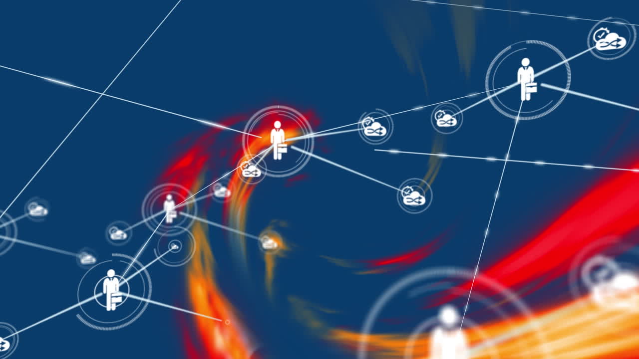 파란색 배경에 다채로운 추상적인 패턴 위에 선으로 연결된 아이콘의 애니메이션