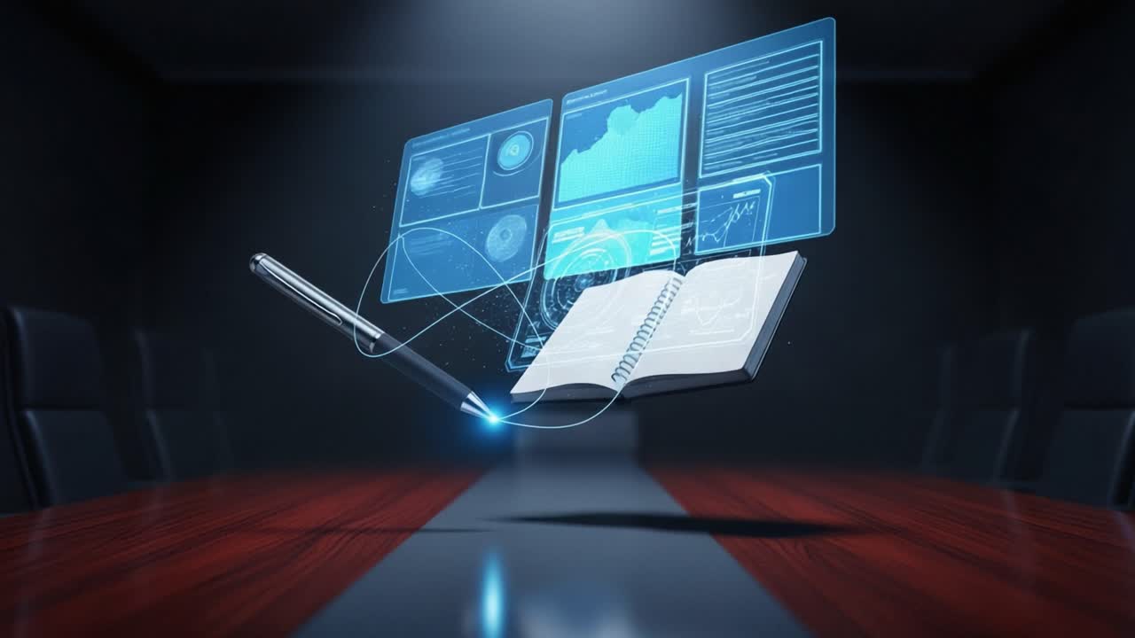 A Futuristic Conference Setting Featuring a Holographic Notebook, Pen, and Data Analytics Presentation to Enhance Decision-Making Processes