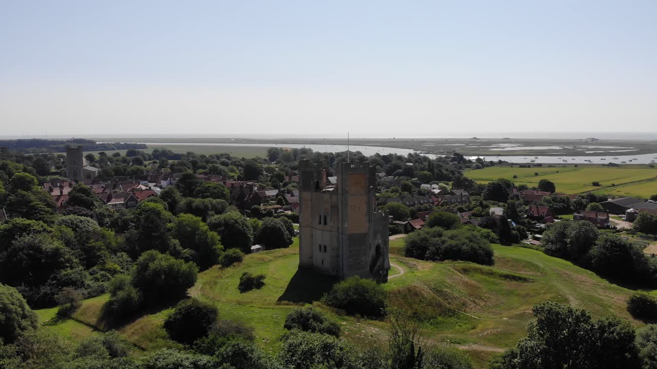 Revealing drone shot of Orford Castle, Suffolk, UK. 21.06.25