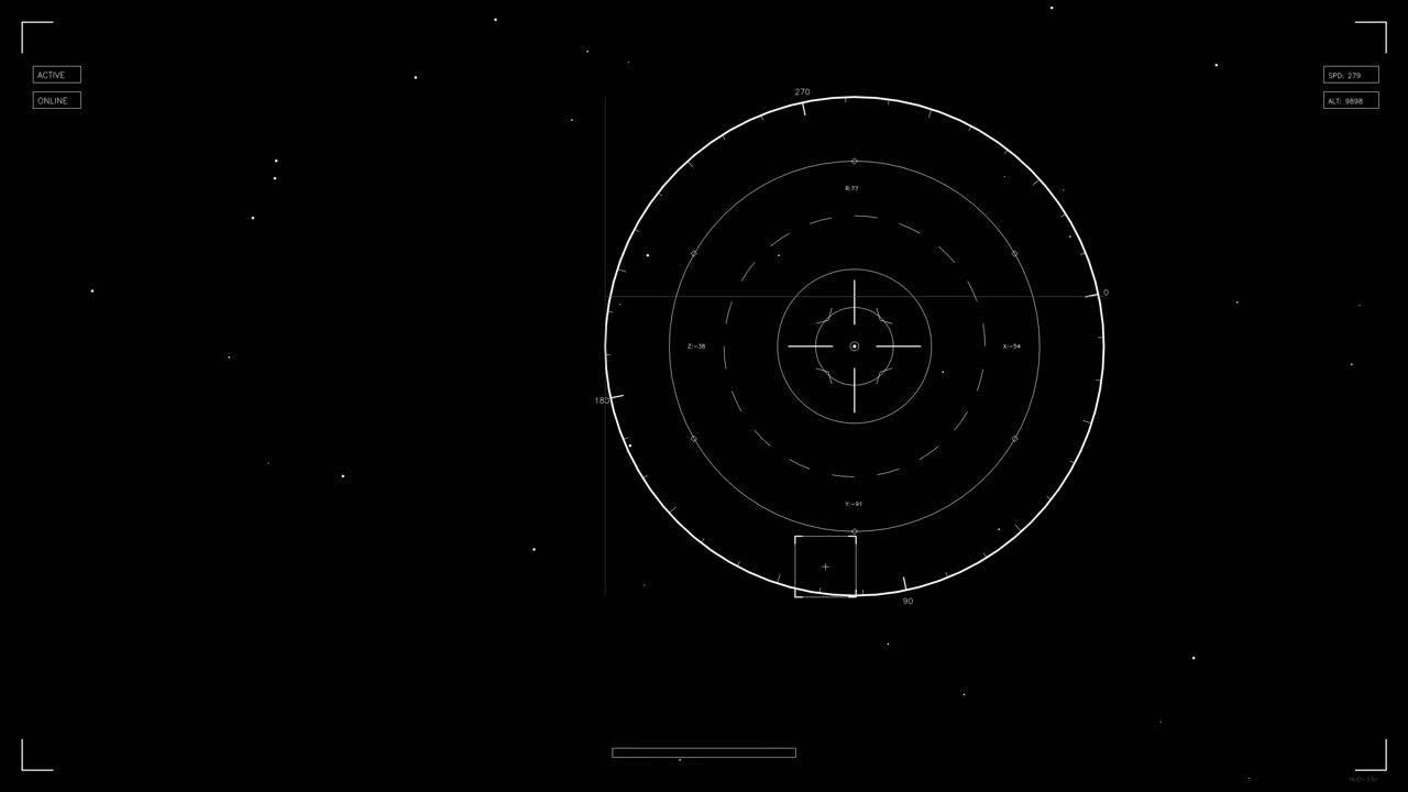 This animation presents a futuristic HUD element featuring circles and lines over a dark background. It is useful for video creators and web designers looking for sci fi themes