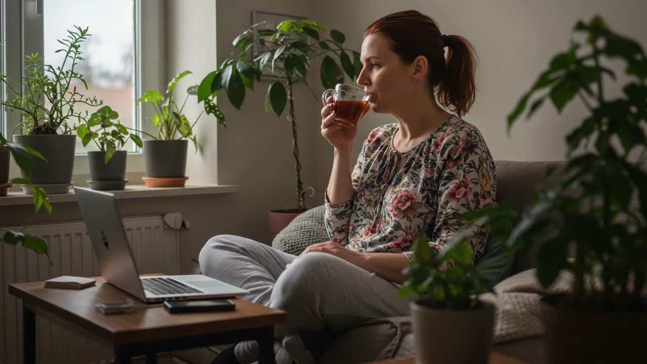 A Serene Moment: Enjoying Tea While Working from Home Surrounded by Lush Greenery and Natural Light in a Cozy Living Space