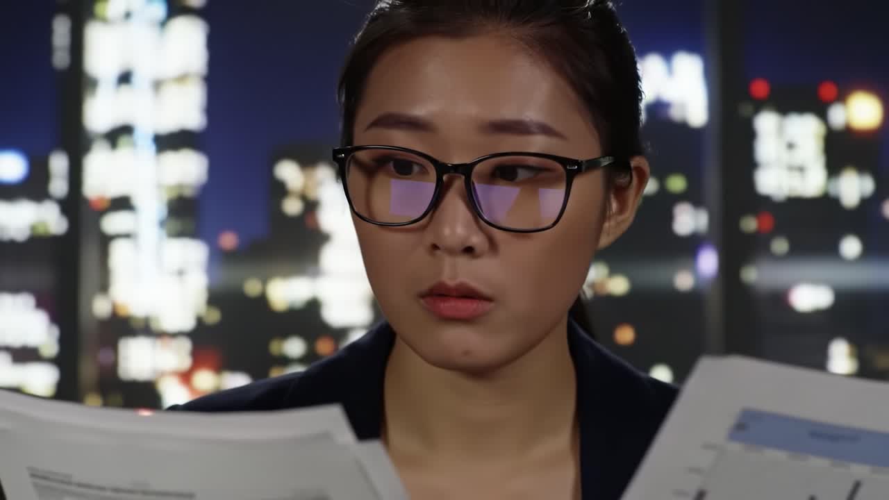 A woman with glasses is focused on analyzing documents in a modern office surrounded by city lights. The atmosphere reflects a late-night work environment working on critical tasks.