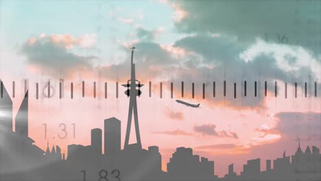 Animation of financial data processing over cityscape