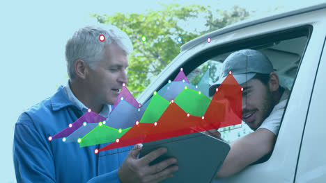 animation of financial data processing over caucasian of warehouse workers