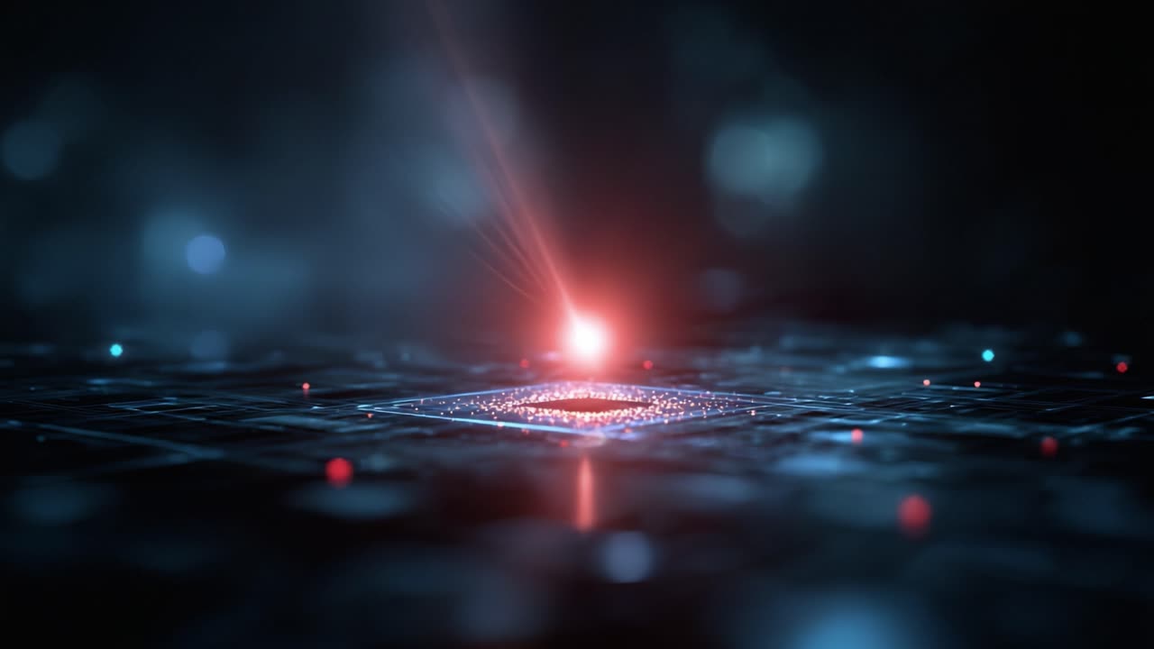 A Glowing Quantum Processor on a Dark Background, Highlighting Technological Advancements in Processing Power and Data Transmission at Micro Levels