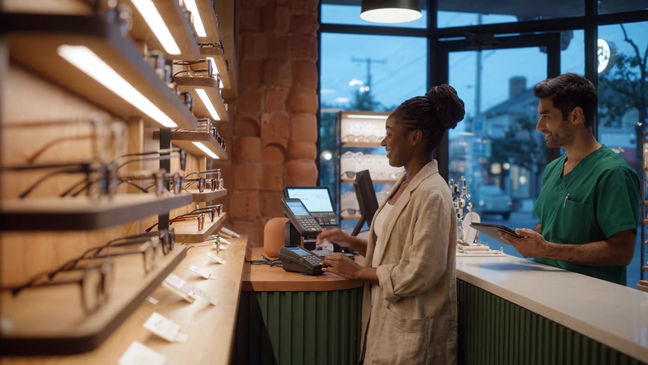 Une scène animée de magasin d'optique montrant un client attentif interagissant avec un caissier tout en parcourant diverses lunettes élégantes sous un éclairage ambiant chaleureux.