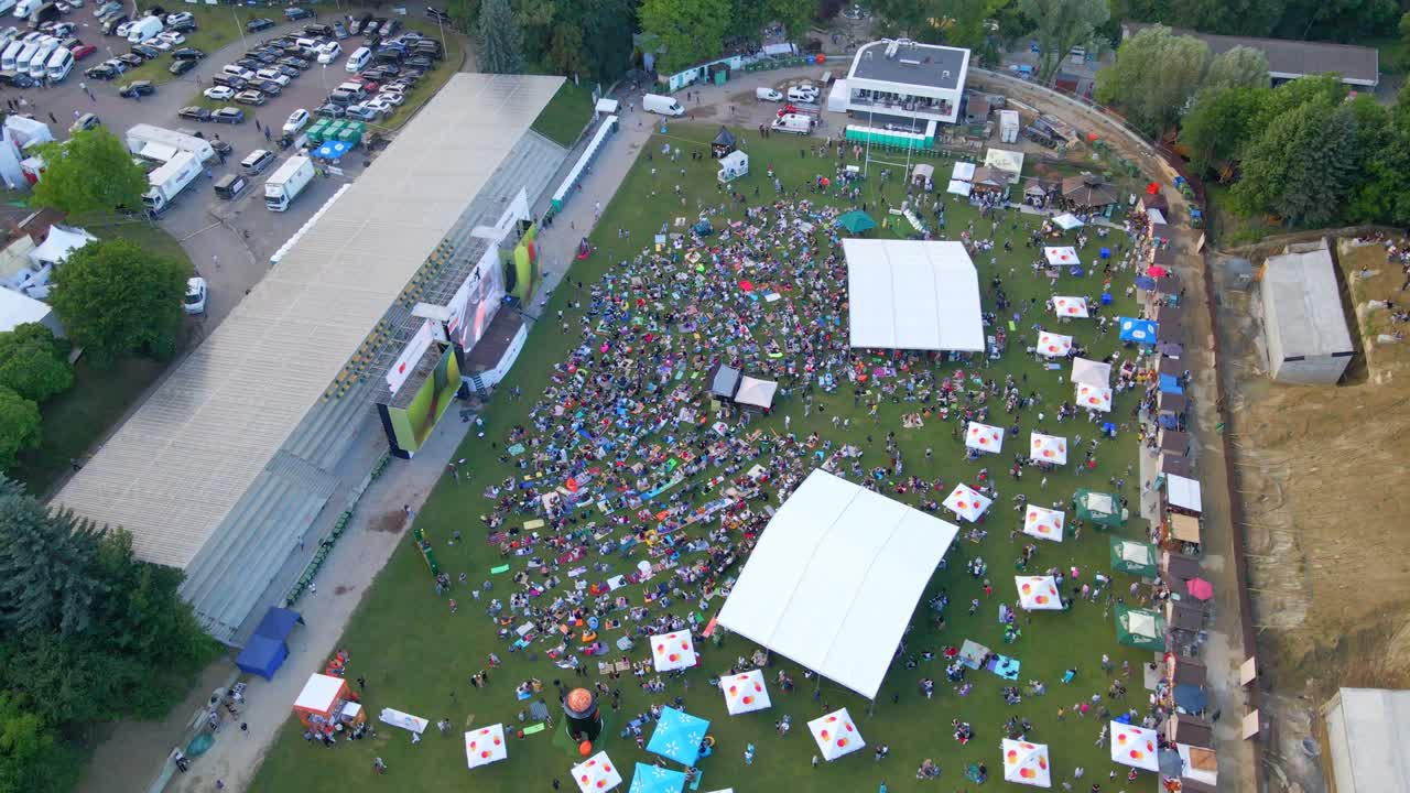 Lviv, Ukraine - June 25, 2021: aerial view of jazz fest in city public park