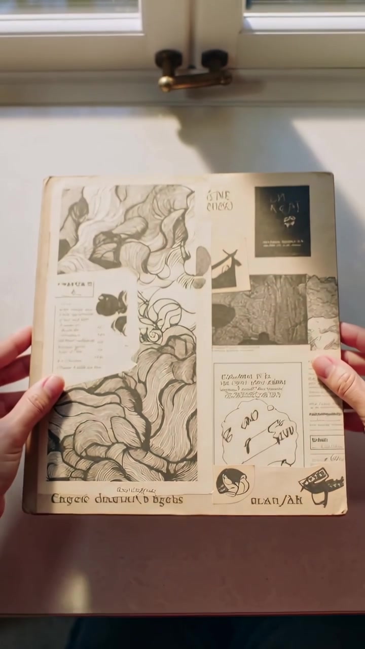 Video verticale: Mani in movimento che girano e posizionano un libro collage sotto una finestra che mostra l'ombra di un chiavistello di ottone.