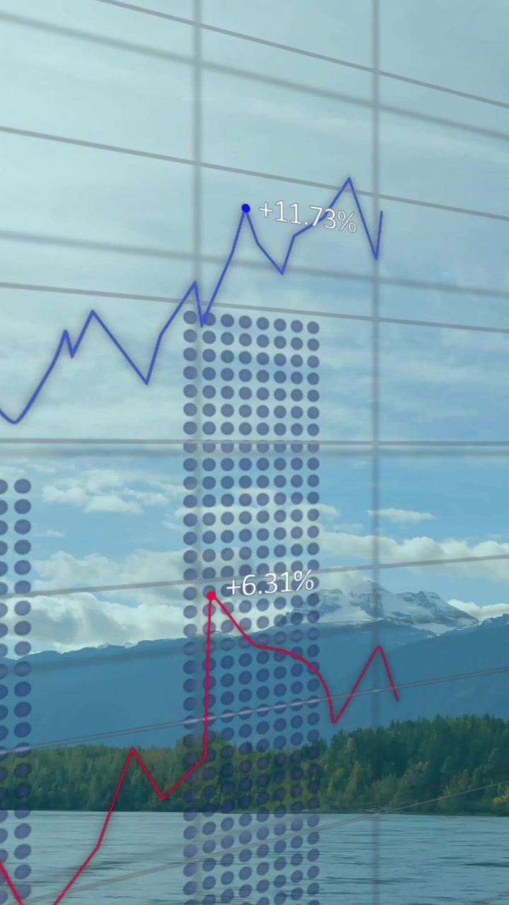 Animación de procesamiento de datos, mercado de valores y diagramas sobre un paisaje