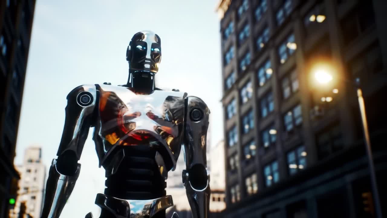 Futuristic Robot Stands Tall in Urban Landscape, Reflecting Bright City Lights and Surrounded by Modern Architecture, Showcasing a Vision of Technological Advancement