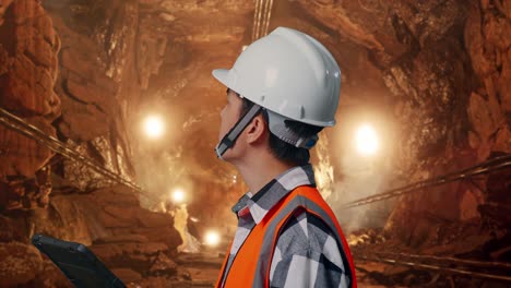 close up side view of asian male engineer with safety helmet looking at the tablet in his hand and looking around while standing in underground mine tunnel