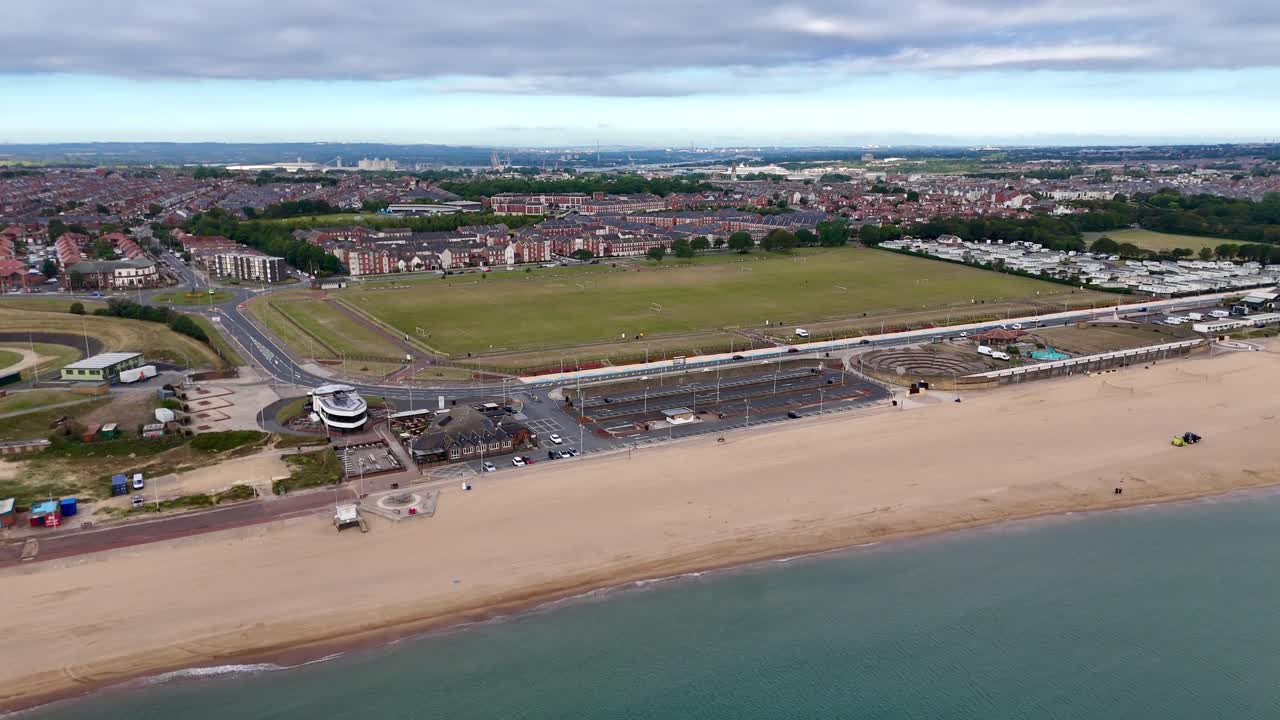 Aerial drone view south shields coastal town in South Tyneside, Tyne and Wear, England beach uk
