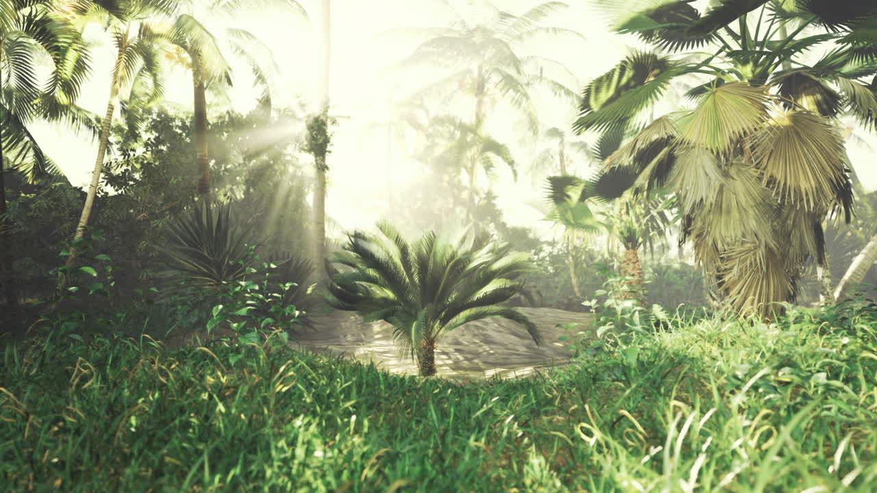 Quiet tropical forest with sunlight streaming through the trees