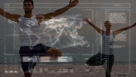 animation of data on digital screen over caucasian man and woman practicing yoga on beach