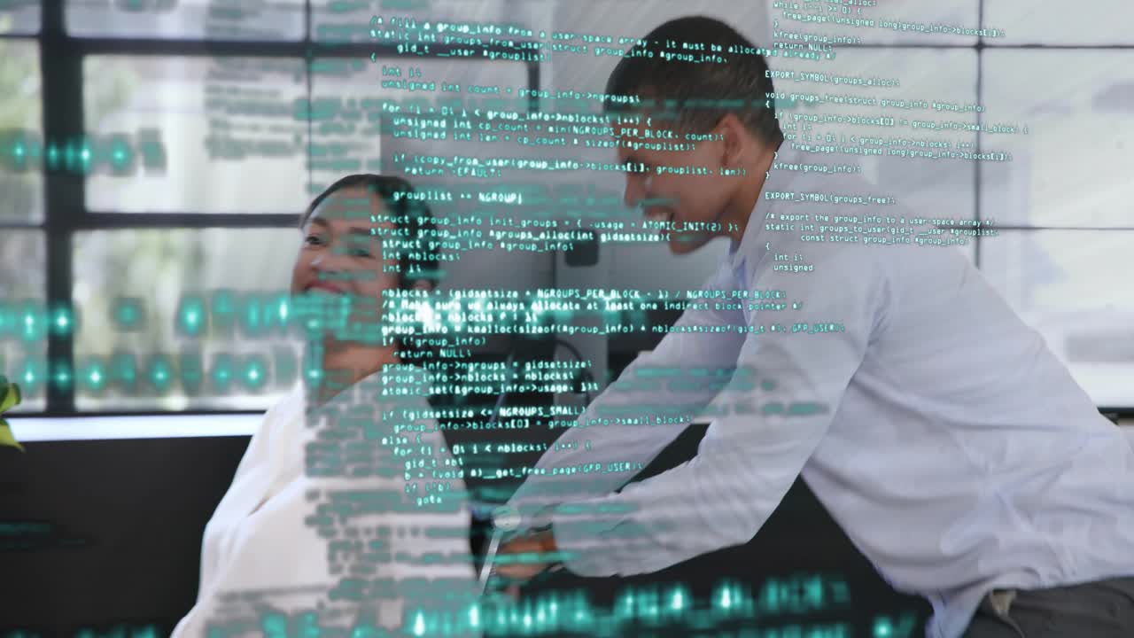Man reaching behind woman pulling chair, making her laugh as teal code overlay sweeping tech office