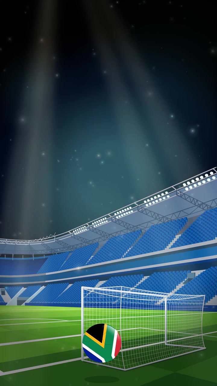 Animated soccer ball with South African flag pattern bounces across a lit night stadium field.