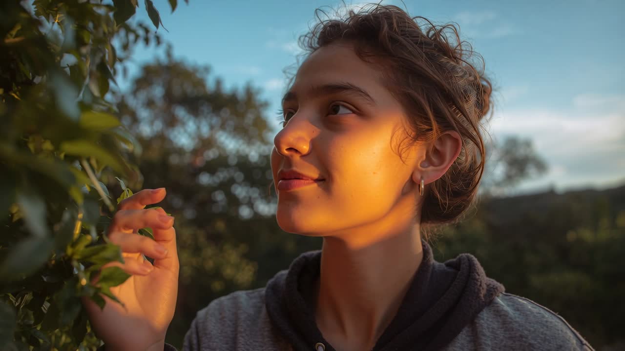 Apre gli occhi mentre il sole dorato gli illumina il viso, un adolescente si allunga verso le foglie di un cespuglio sulla collina, con felpa con cappuccio e orecchino.