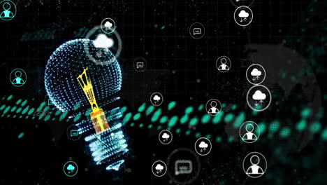 animación de bombillas digitales e iconos de medios en todo el mundo y procesamiento de datos