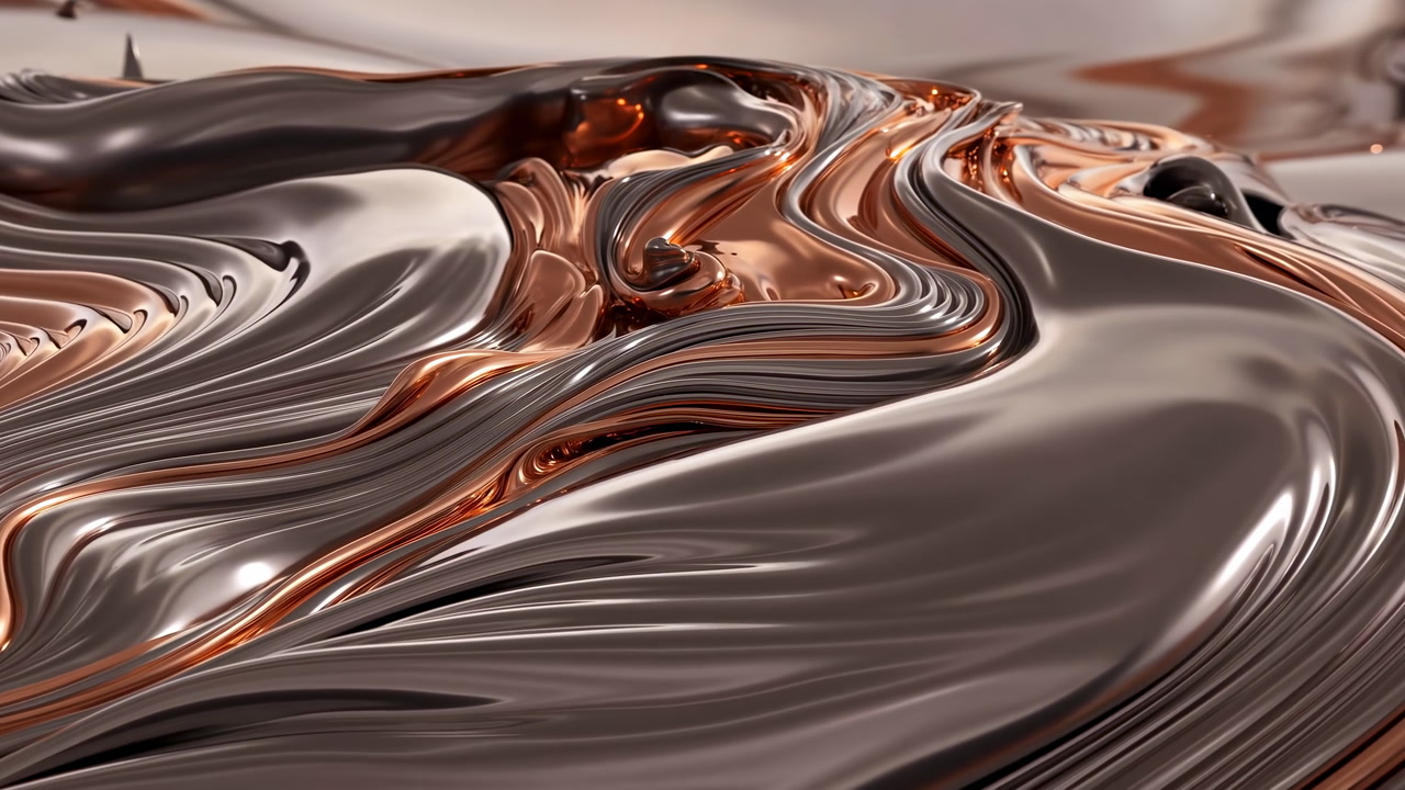 Glossy Molten Chocolate And Copper Swirl Flowing Liquid Ribbons, Highdetail Macro Closeup With Reflective