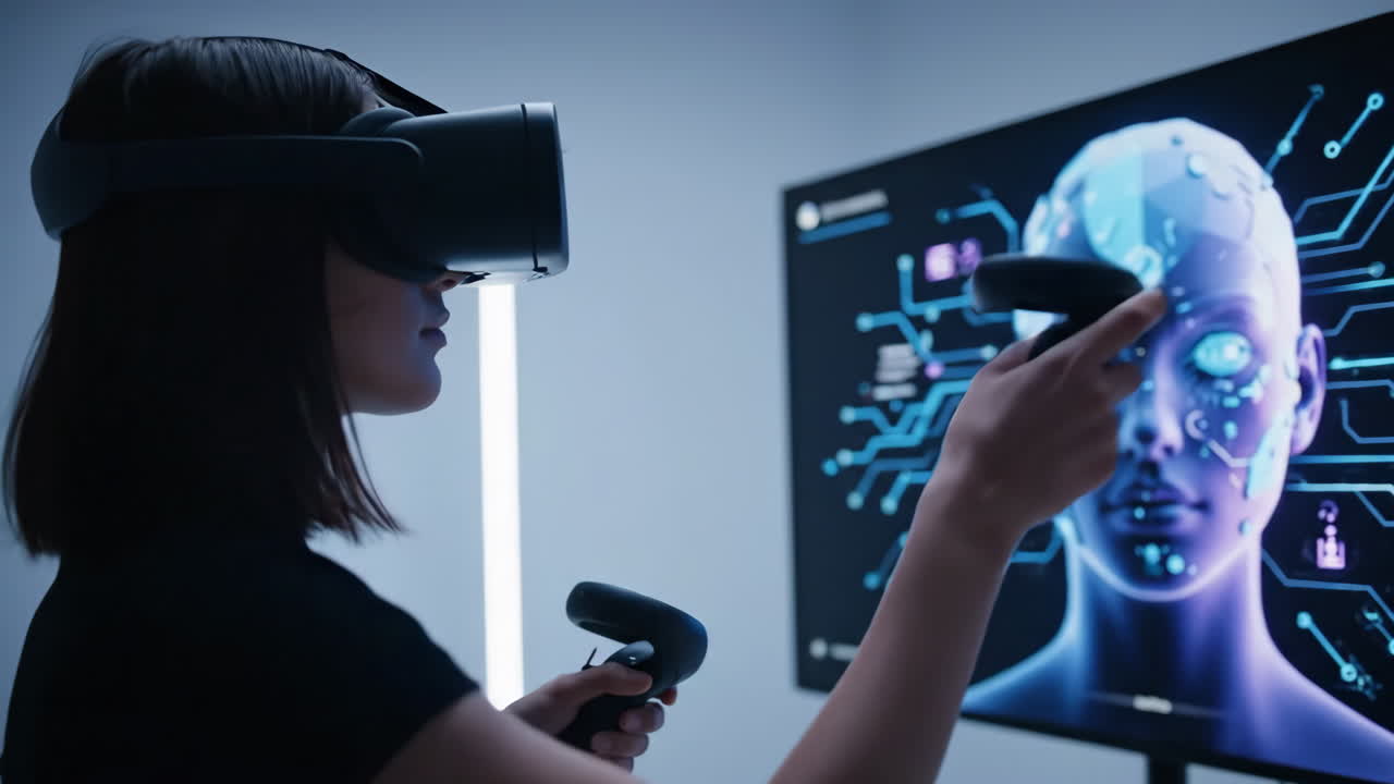 Woman using virtual reality headset interacting with AI on screen