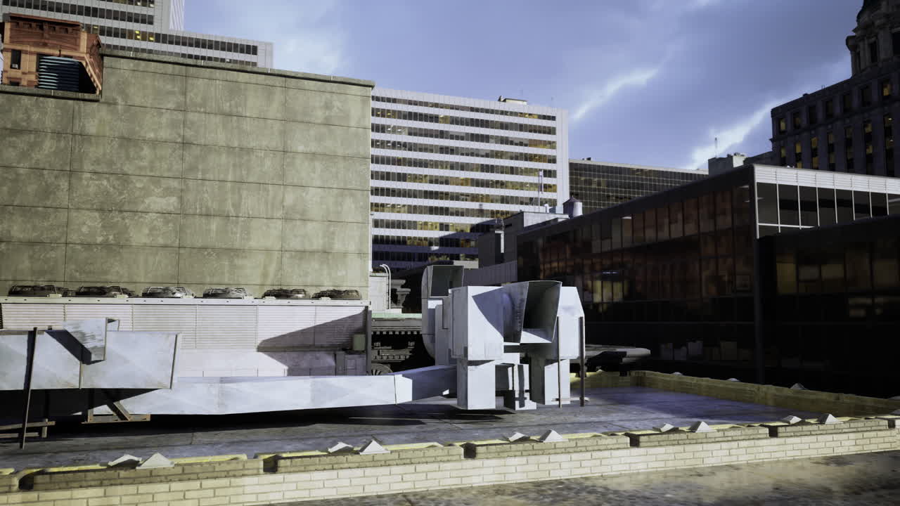 Rooftop ventilation system on a commercial building in an urban environment