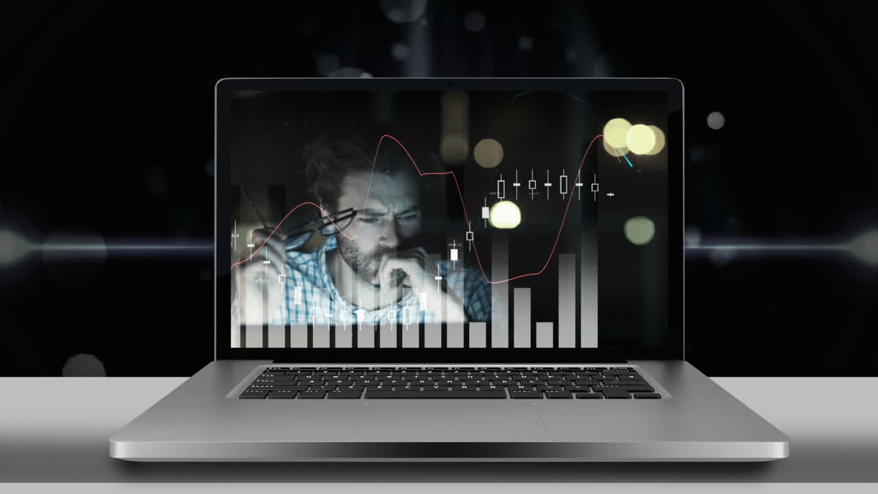 pantalla del portátil que muestra un hombre de negocios desesperado y un número de video