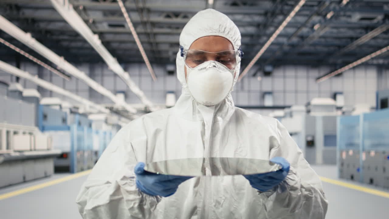 Scienziato che trasporta con attenzione un wafer di silicio in una struttura di ricerca