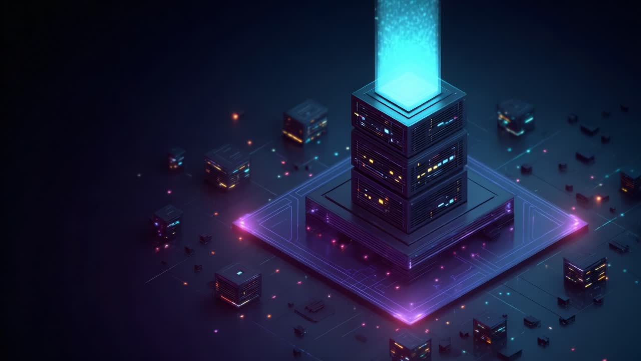 Futuristic Digital Landscape Featuring a Centralized Data Structure with Glowing Elements and Surrounding Network Nodes in a Darkened Environment