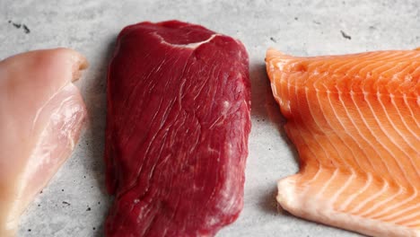 fresh raw beef steak chicken breast and salmon fillet