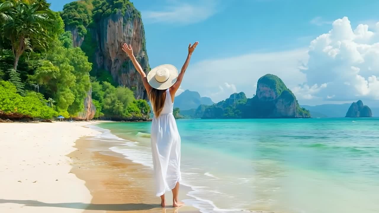 una mujer con un vestido blanco y un sombrero de pie en una playa con los brazos extendidos