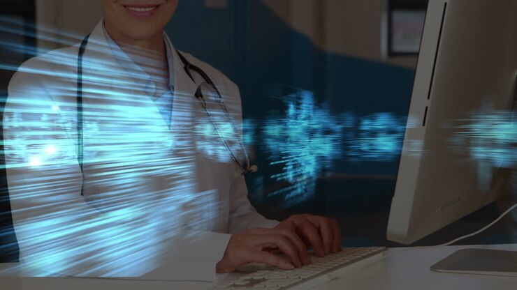 Screens with data processing over portrait of caucasian female doctor using computer at hospital