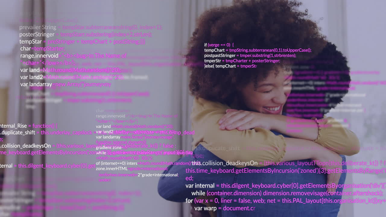 Hugging someone, woman with pink code overlay, creating animation effect