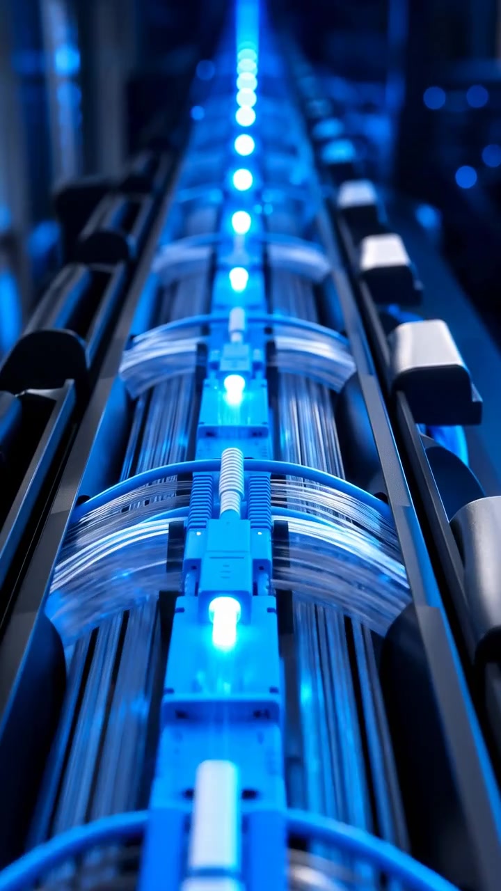 Vertical view inside server or telecom rack showing central fiber and network cables seated in curved clear guides beside plastic connector housings, blue LED status lights, and tidy infrastructure