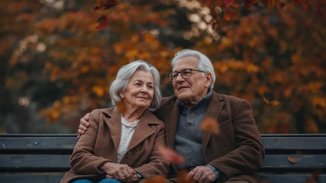 Zżyta para seniorów, mężczyzna obejmuje ramię kobiety na ławce w parku, oboje w brązowych płaszczach, zbliżenie kamery