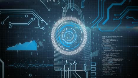 Animation-of-scope-scanning,-data-processing-and-online-digital-padlock-with-circuit-board-elements