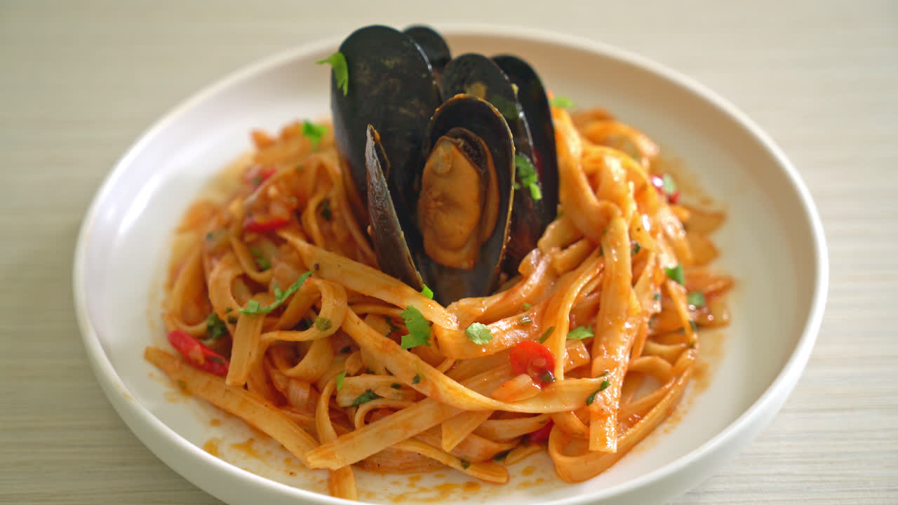 홍합 또는 조개와 토마토 소스를 곁들인 스파게티 파스타 - 이탈리아 음식 스타일