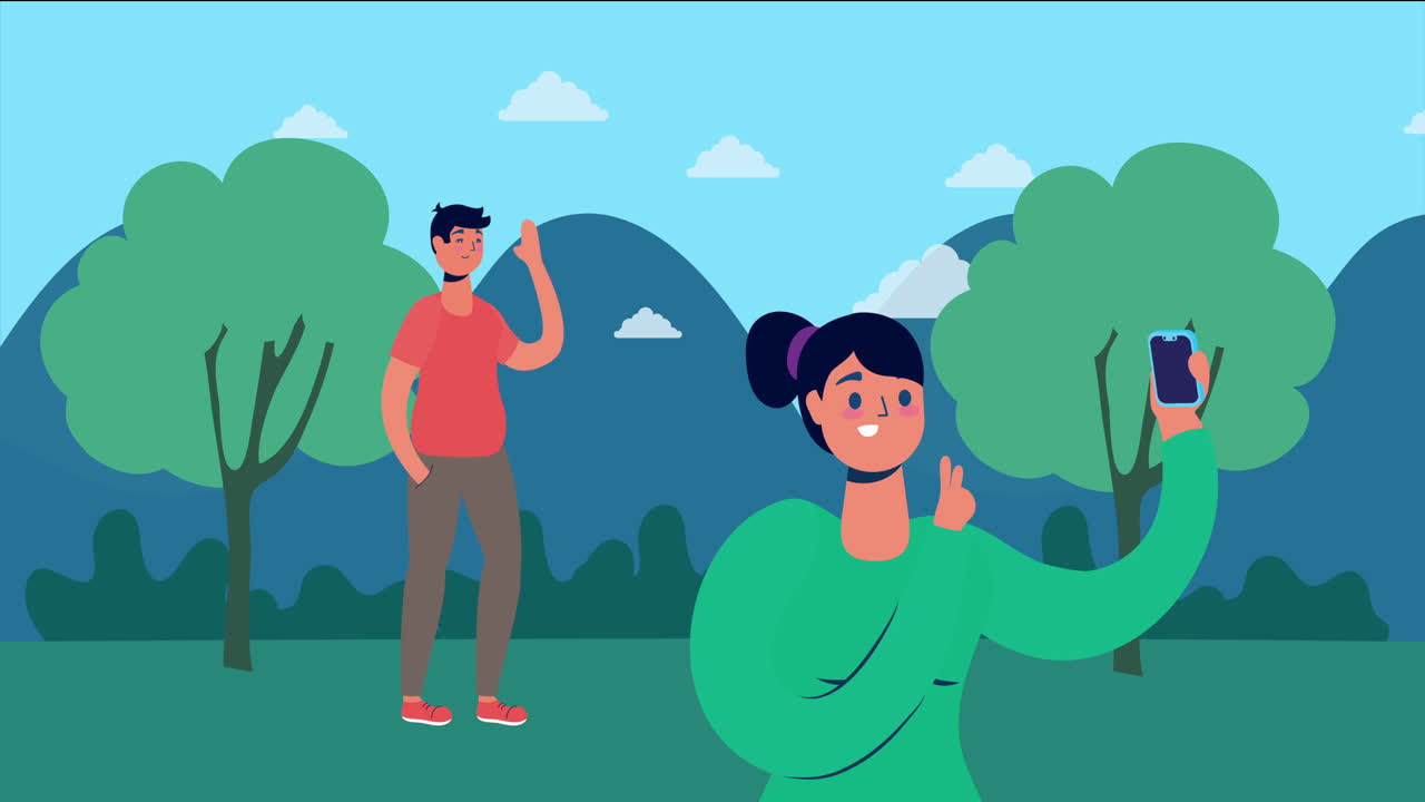 pareja usando tecnología de teléfonos inteligentes en el parque