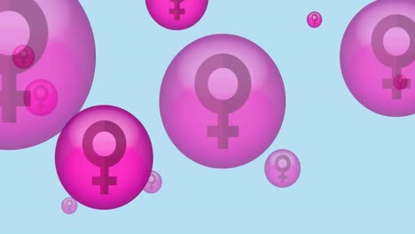 Animation-of-pink-flying-female-symbol-on-blue-background