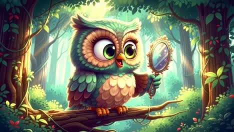 a charming owl holding a mirror in a lush forest, capturing the essence of whimsy and nature's beauty in a colorful animated scene