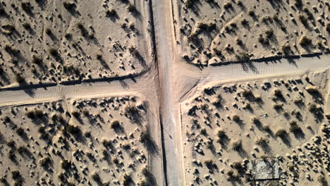 Overhead-View-Of-Unpaved-Cross-Road-Intersection-At-Joshua-Tree-National-Park-In-California