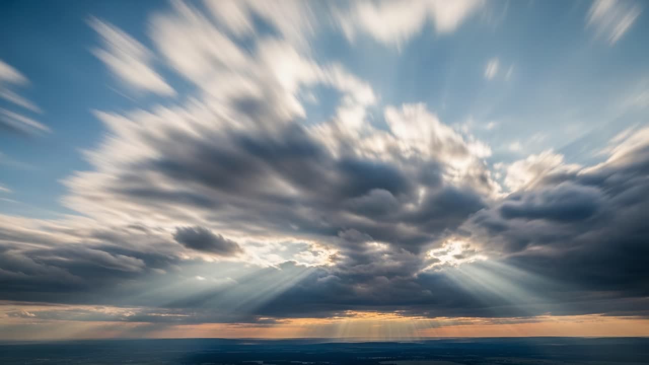 Dramatic Sun Rays Piercing Through Moving Clouds