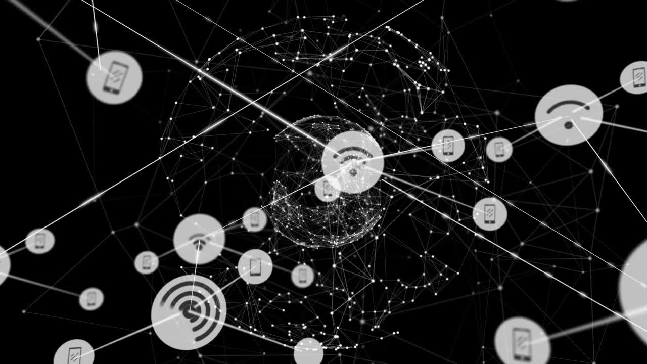 Animation of media icons and network of connections on black background