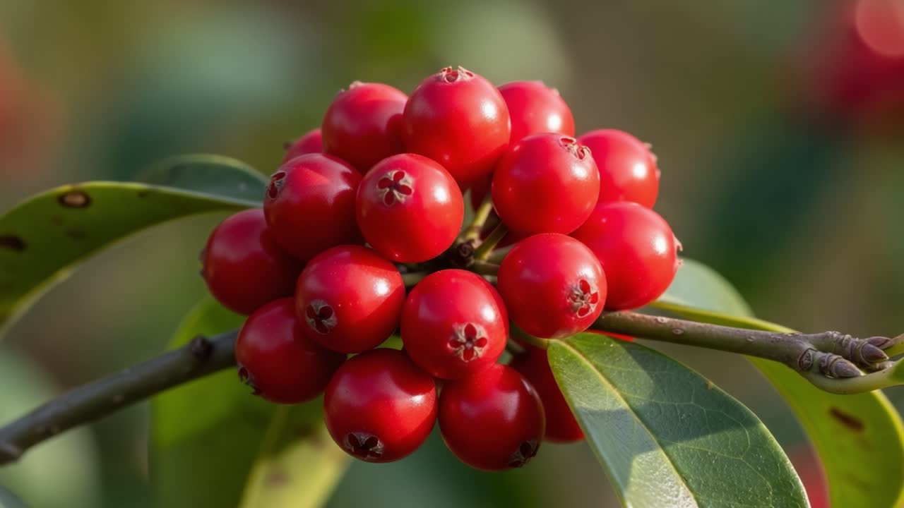 Close-up of Vibrant Red Berries with Glossy Surface and Lush Green Leaves, Capturing Nature's Beauty in Details