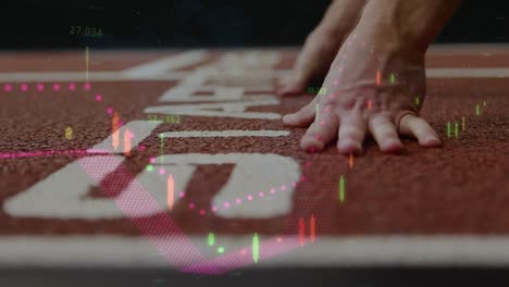 animation of data processing over runner's hands on starting line of racing track