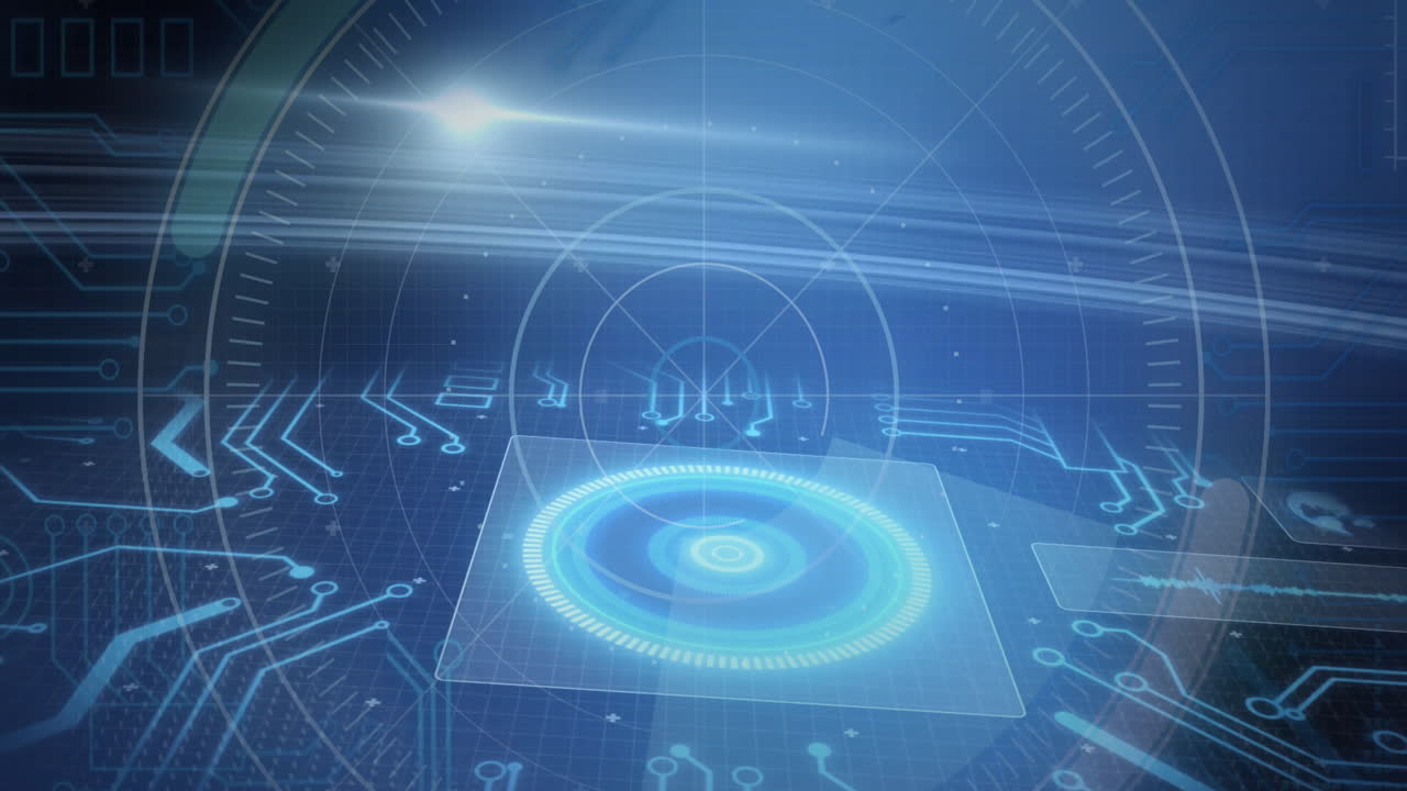 Glowing blue circular patterns with circuit lines in digital animation interface