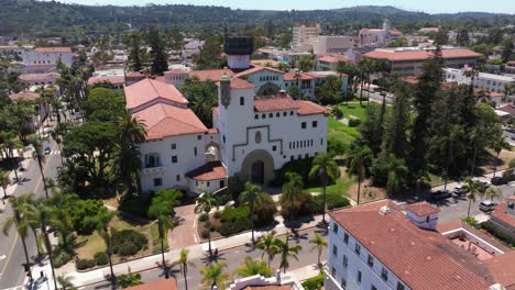 cinematic establishing drone shot above santa barbara county courthouse