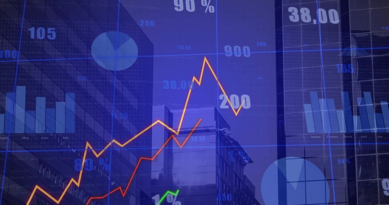 Gráficos financieros aparecen abajo a la izquierda y arriba al centro, con líneas que trazan cambios para mostrar tendencias.