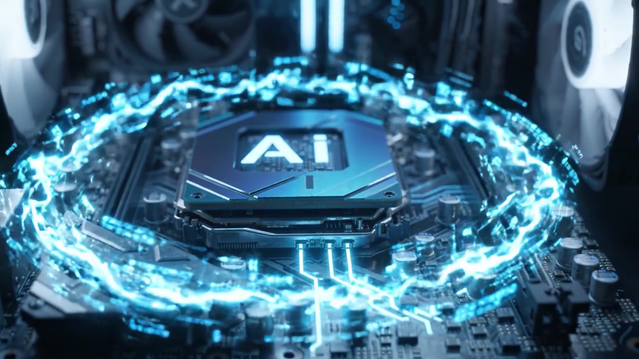 Detailed Close-Up of Advanced Computer Motherboard with AI Processing Unit Being Installed, Highlighting Innovative Technology and Precision Engineering.